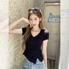Pure Desire Irregular Hem V-neck Front Shoulder Short-sleeved T-shirt Women's Summer New Niche Unique and Beautiful Top