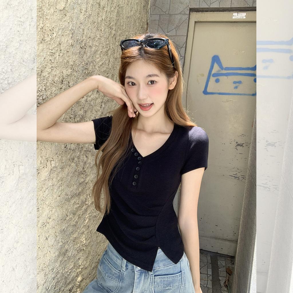 Pure Desire Irregular Hem V-neck Front Shoulder Short-sleeved T-shirt Women's Summer New Niche Unique and Beautiful Top