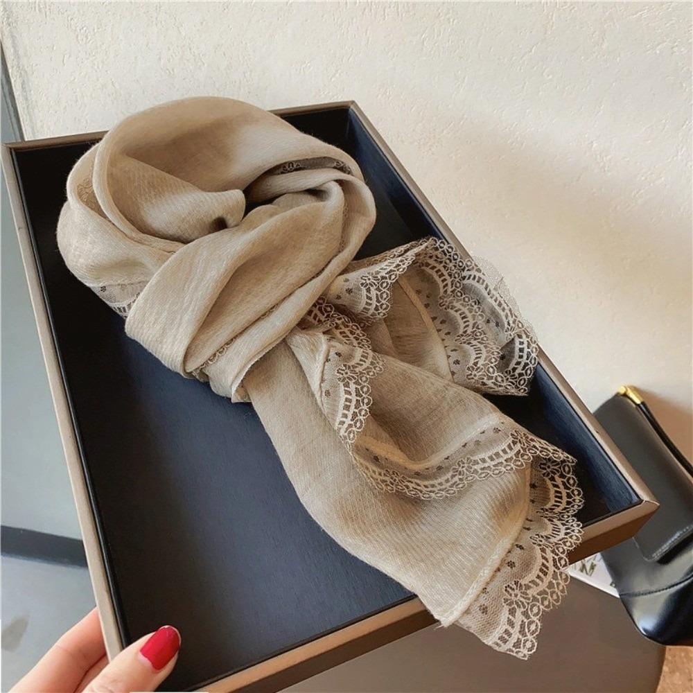 Solid Color Cotton Linen Scarf Lace Edge Silk Scarf Literary Flaxen Lace Scarf for Women