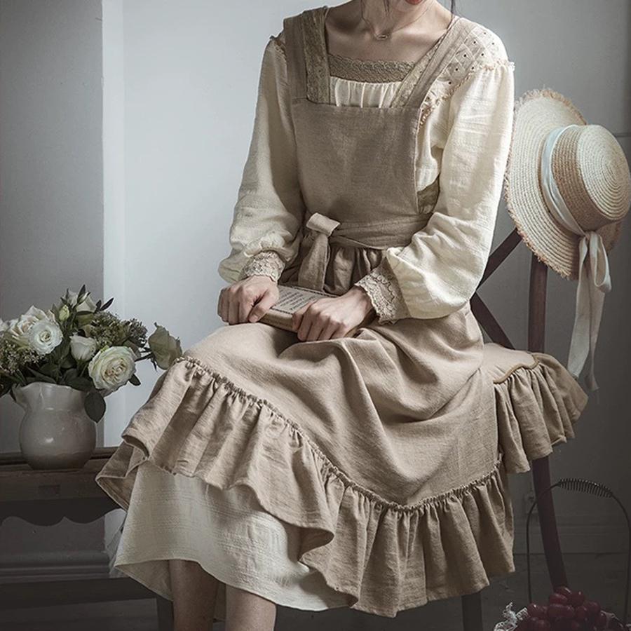 

Flouncing Pinafore French Pastoral Florist Artsy Cotton Linen Vintage Apron Kitchen Baked Nordic Solid Color Ruffled Apron