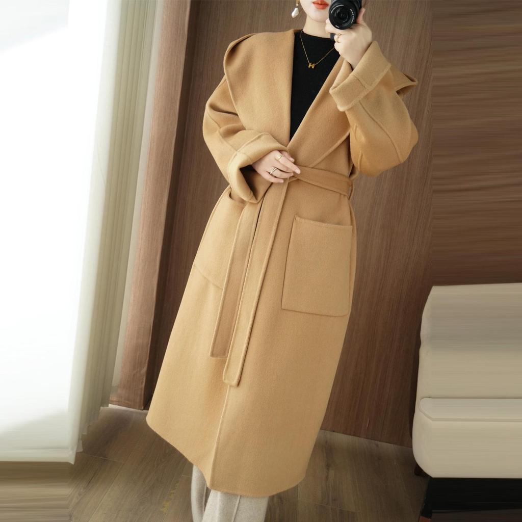 Mittellanger Damen-Kapuzenmantel aus doppelseitiger Wolle – Koreanischer Stil, Herbst/Winter, Lockerer Schnitt.