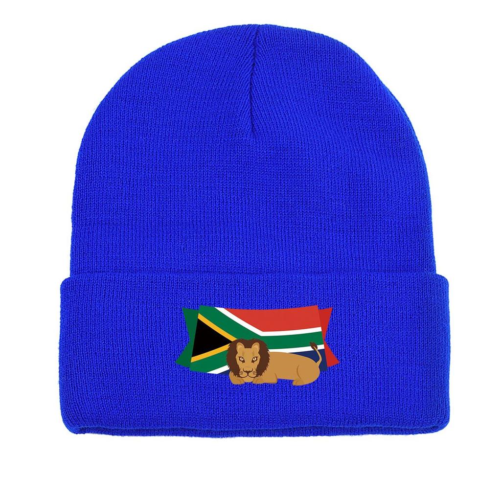 South Africa Flag Lion Warm Knit Cap Beanie, Patriotic Woman Cap Warm Thermal Solid Bonnet Knit Hat Beanie
