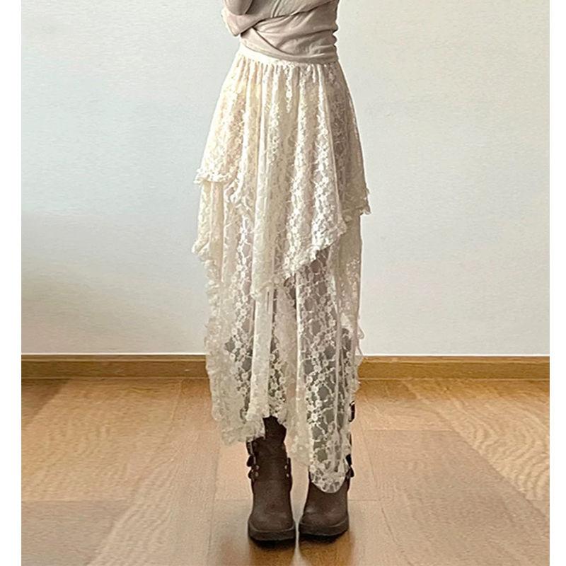 

Кружевная асимметричная юбка-полуюбка в стиле бохо, модная юбка с высокой талией, новая юбка нестандартной длины А-силуэта One Size
