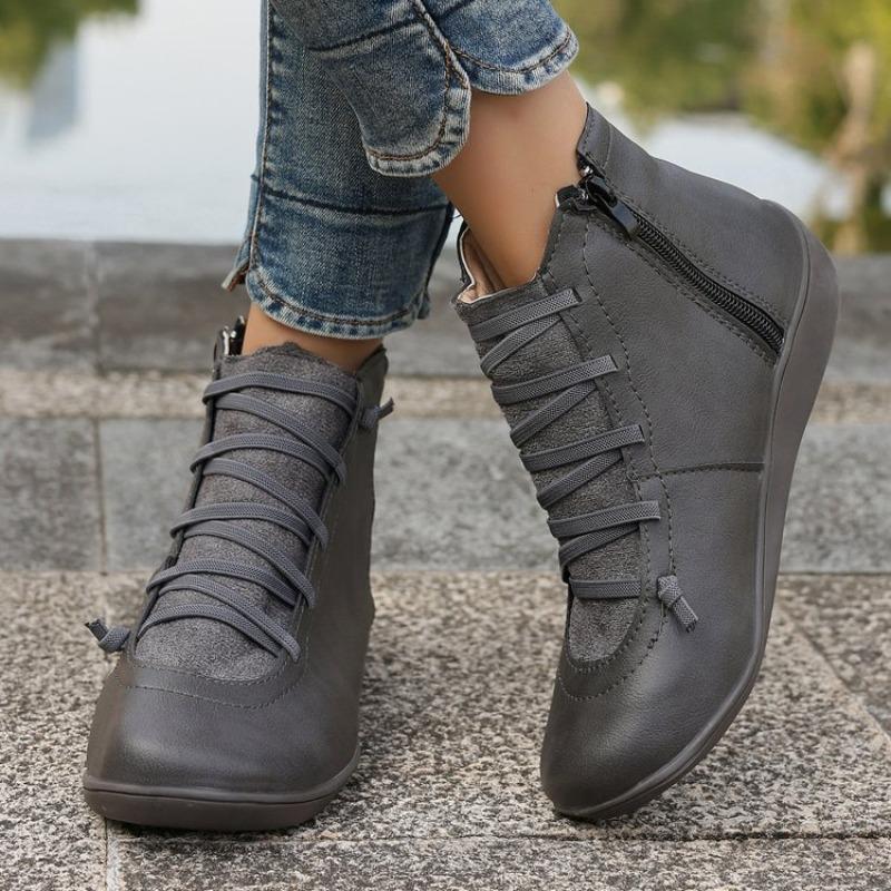 Fashion Women's Flat Single Boots Spring New Round Head Front Lacing Soft Sole Anti-slip Wear-resistant Short Boots