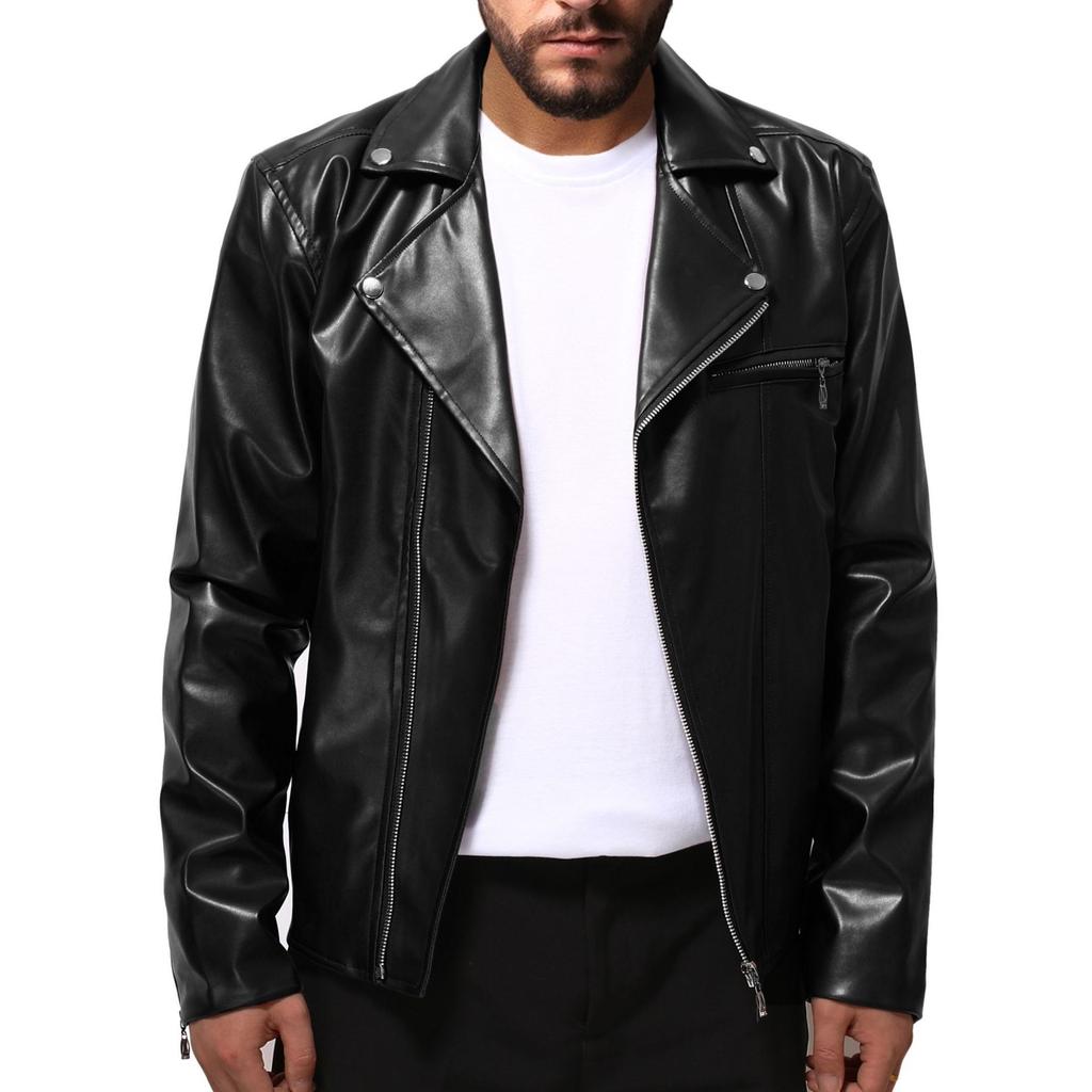 Men's Leather Jacket Spring And Fall Leather Jacket Handsome Horizontal Zipper Biker Suit Large Size Jacket