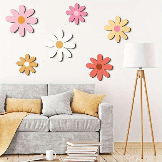 6Pcs/Set Wooden Flower Wall Decoration Farmhouse Rustic Floral Wall Art Home Office Living Room Bedroom Wall Hanging Ornament