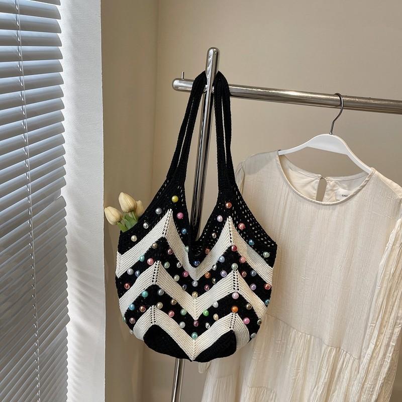 IELGY Pearl Woven Hollow Fashion Striped Underarm Bag Summer Seaside Vacation Beach Bag