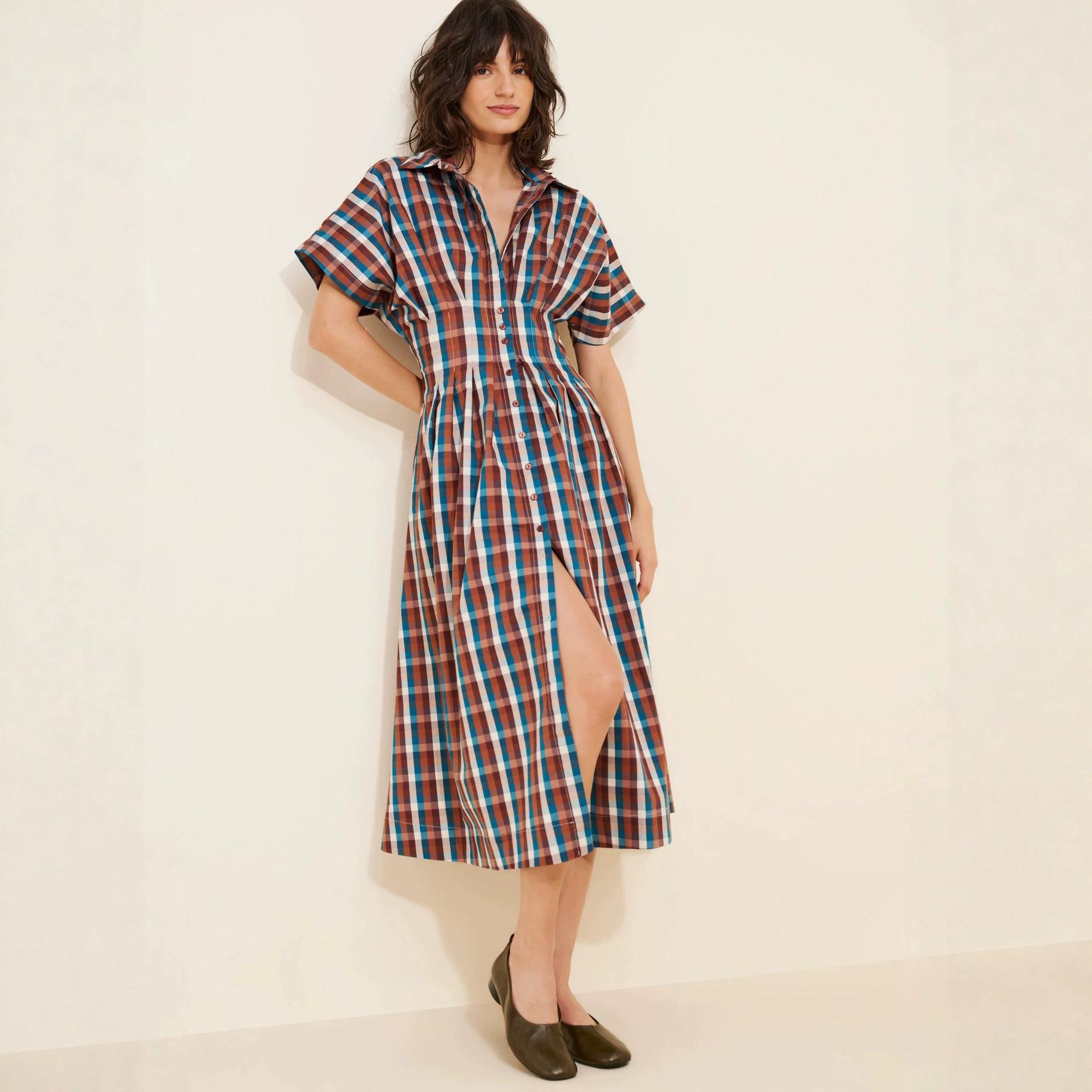 French retro plaid shirt dress women s waist and thin short-sleeved temperament college style long A-word dress XS темно-синий