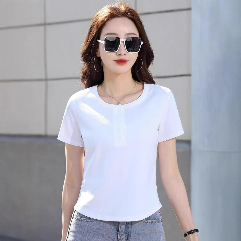 Women s Form-Fitting Henley Neck Short Sleeve T-Shirt S белый