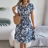 Spring And Summer Casual V-neck Button-down Short-sleeved Flower Swing Dress Cross-border Women's Clothing