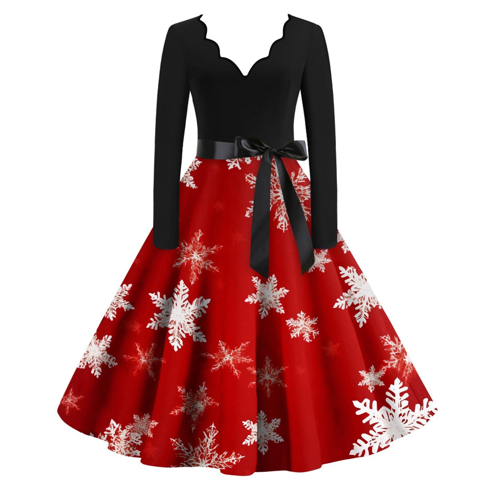 

Женское облегающее платье свободного кроя с принтом в виде рождественских снежинок, контрастным V-образным вырезом и длинными рукавами S красный