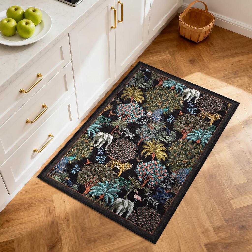 Tappeto per Area con Stampa Animali della Giungla, Design Tigre Elefante Zebra Safari, Tappetino Antiscivolo per Camera dei Bambini, Asilo Nido, Arredamento Casa