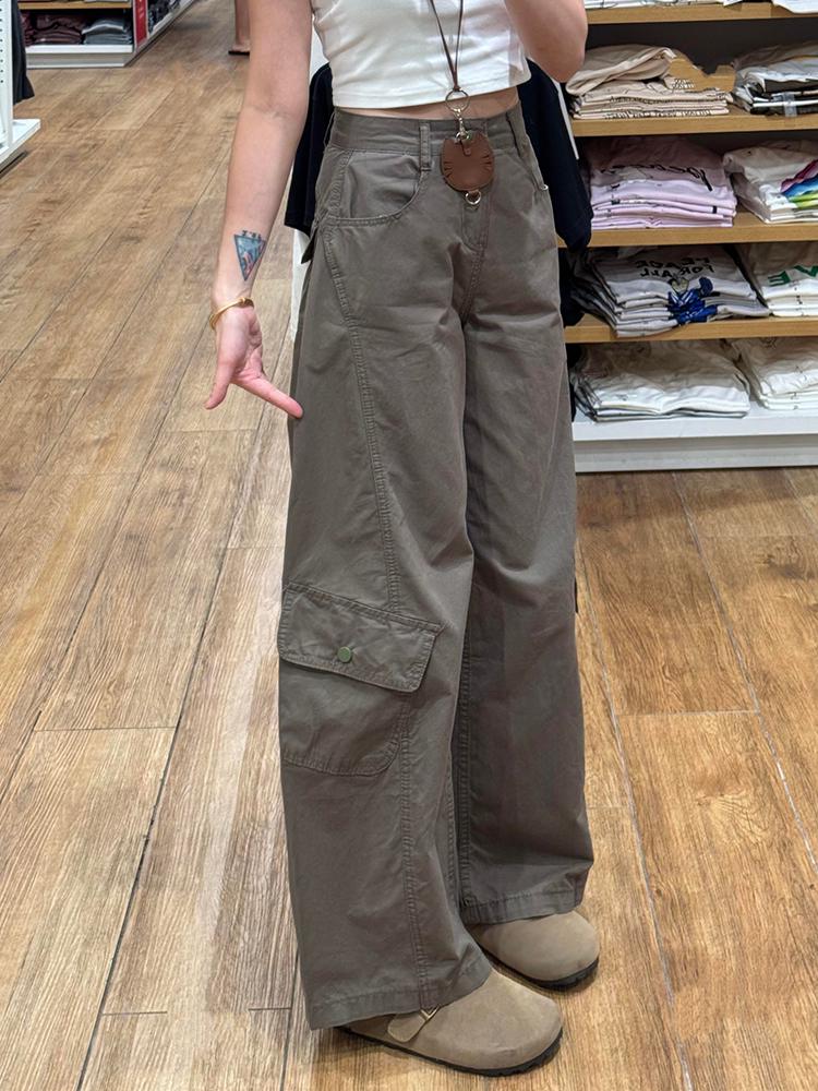 

Women s 2025 Military Green Multi-Pocket Wide-Leg Cargo Pants