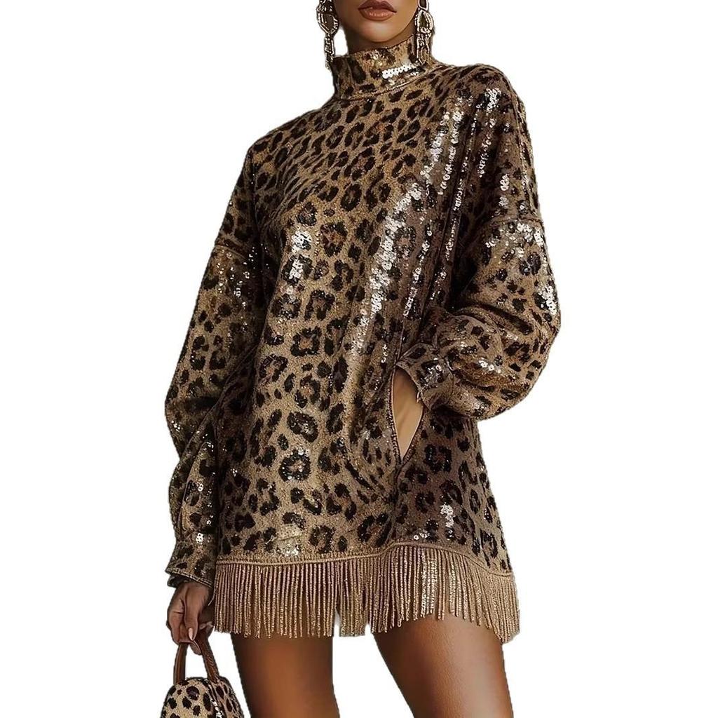 2025 Autumn/Winter Leopard Print High Neck Brown Sequin Fringe Dress