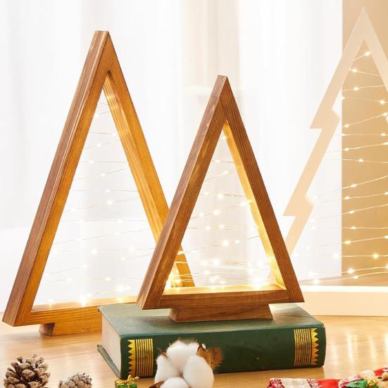 2Pcs Wooden Christmas Tree Ornament with LED Light Farmhouse Rustic Glowing Xmas Tree Table Sign Home Office Desktop Triangle Decoration