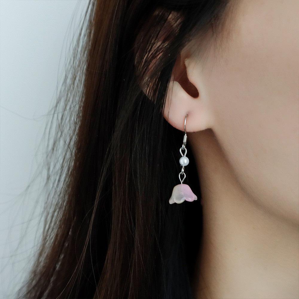 Transparent Pink Small Flower Pearl Earrings Spring  Style Girl Elegant Morning Glory Magnolia Ear Hook Long