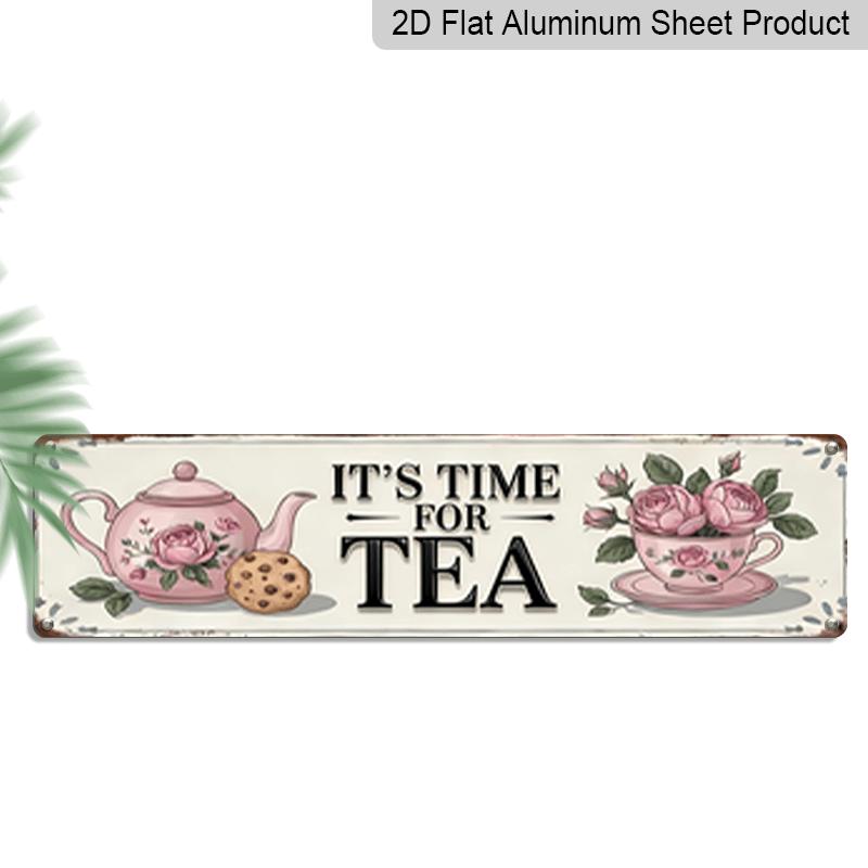 

3.94 X 15.74 Inches Aluminum Decorative Sign - 2D Flat, 1pc Vintage It s Time for Tea Metal Wall Sign - Floral Teapot & Cup Design Tea Party 40cm x 10cm
