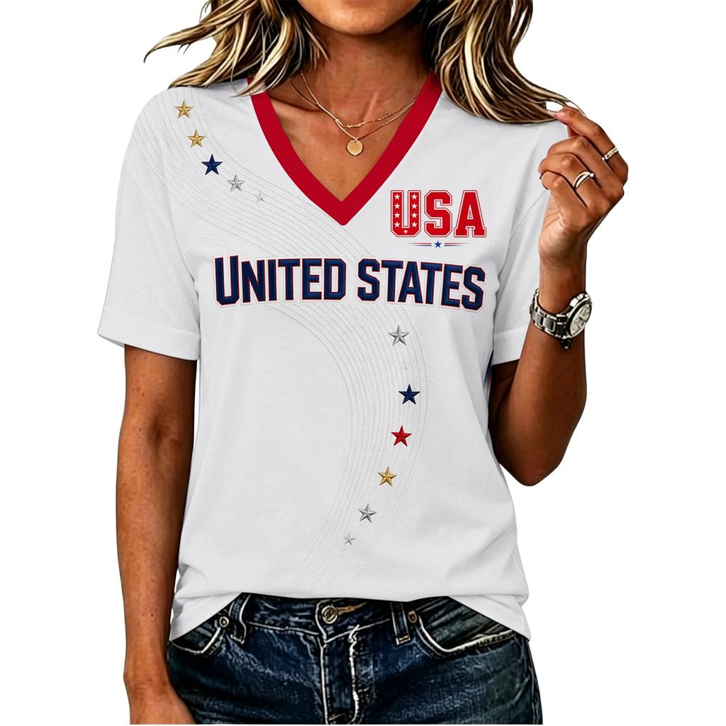 Dames V-hals T-shirt met Korte Mouwen en Letterprint voor Casual Dagelijks Gebruik