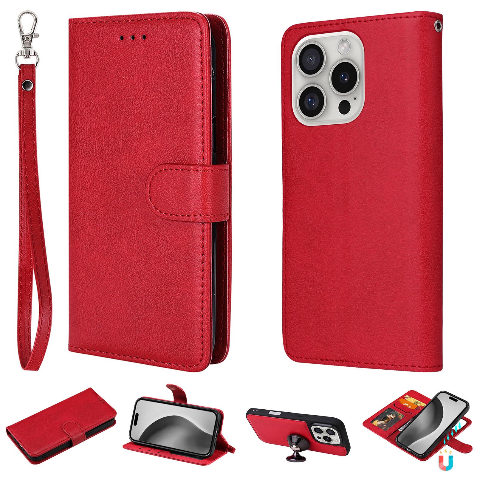 

For iPhone 16 Pro Case 2 in 1 Detachable Magnetic Leather Wallet Mobile Cover with Strap Red