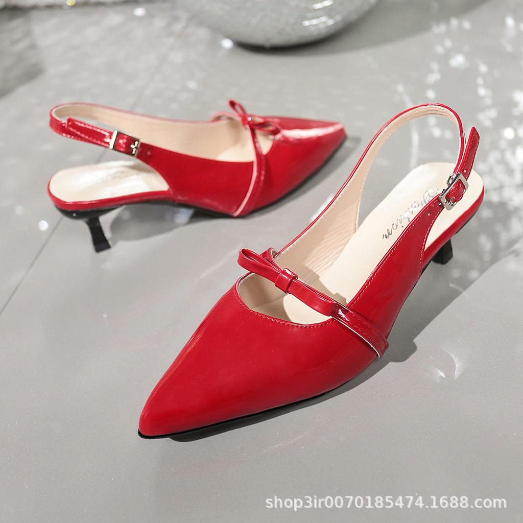 Foreign Trade Large Size Bow One-word Buckle with Pointed Head High Heels Temperament Feminine Elegant Bag Head Sandals Children