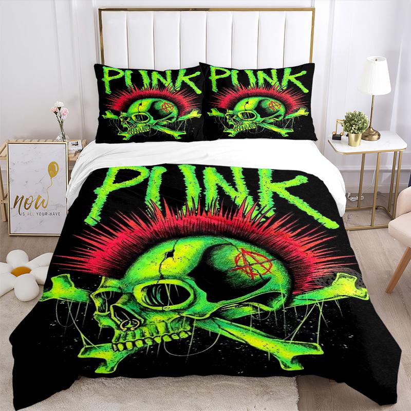 3pcs Punk Skull with Mohawk Bedding Set - Includes One Quilt Cover and Two Pillowcases (No Core) - Punk Rock Decor for Bedroom and Guest Roo