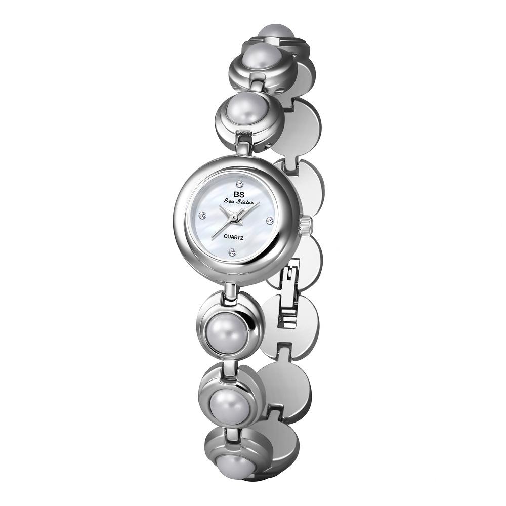 BS Pearl Bracelet Women Watch Quartz Wristwatch Stainless Steel Band Round Ladies Dress Clock Luxury Reloj Mujer Montre Femme