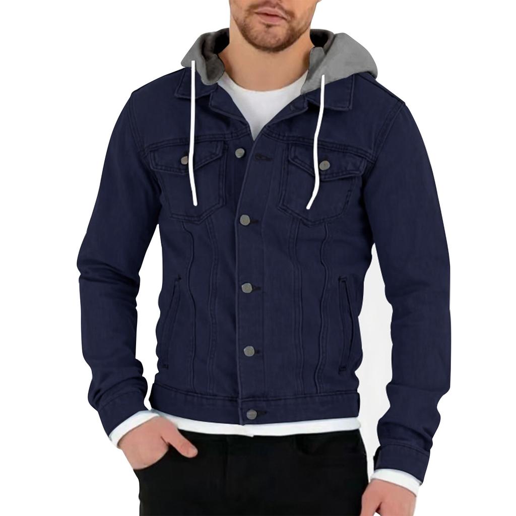 Men's Solid Color Outdoor Workwear Casual Loose Long-Sleeved Hooded Denim Jacket