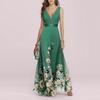 Women's V Neck Sleeveless Maxi Dress Slim High Waist Elegant Floral Print A-Line Dress Chiffon Formal Evening Gown