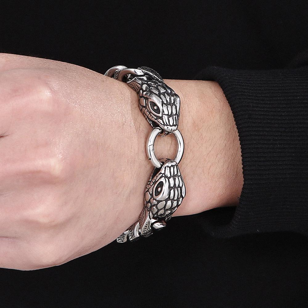 Cool Snake Head Bracelet Men's for Man Male Arm Rings Vintage 15MM Stainless Steel Curb Cuban Link Chain Bikers Jewelry