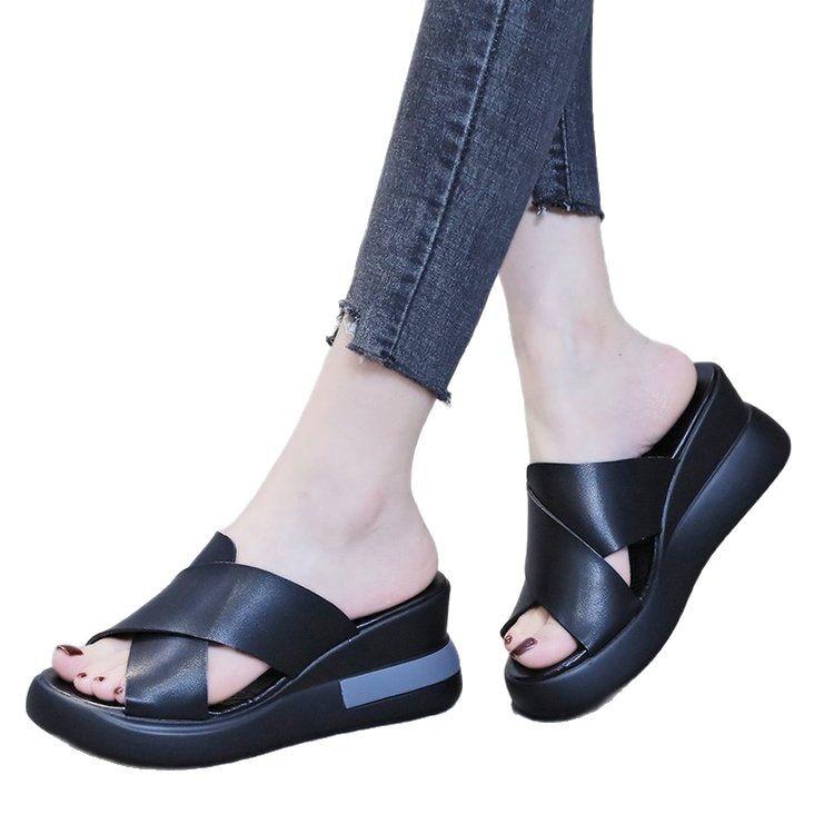 Muffin thick-soled wedge sandals for women's summer wear 2025 after empty one-word buckle cool slippers large size high-heeled sandals for women