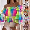 Off Shoulder Multi-layer Top Colorful Pleated Ladies Flare Sleeve Shirt for Dating