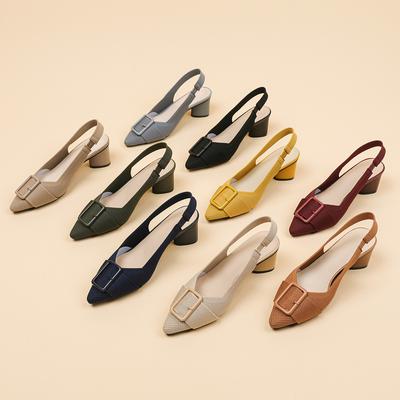 Damesko med strikket elastisk stropp, slingback, tykke hæler, pumps, komfortable, spisse tå, sandaler med lav blokkhæl, avslappet, fest, pent arbeid, kontorhøye hæler