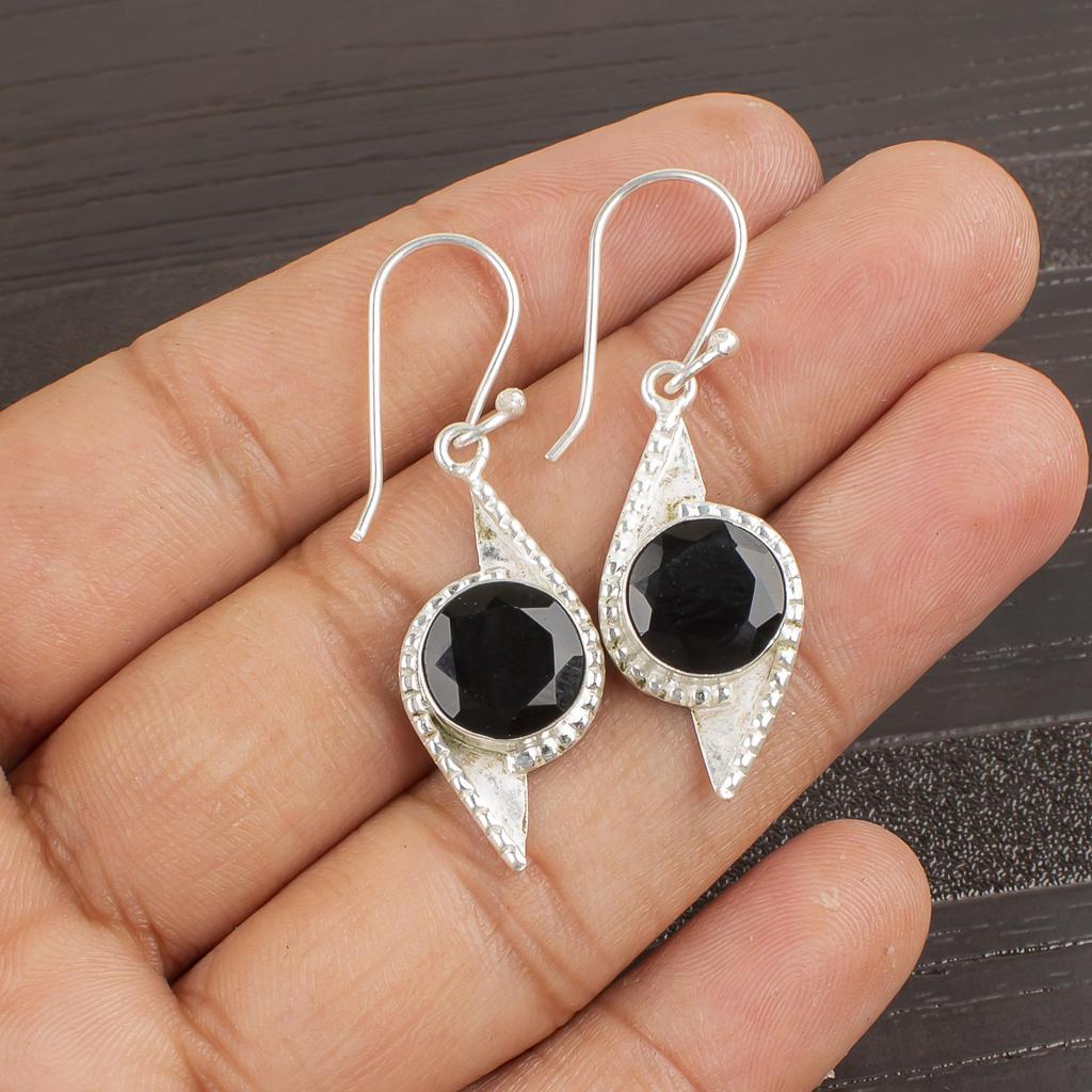 Black Onyx Gemstone Silver Jewelry, 925 Sterling Silver Earrings, Handmade Designer Onyx Earrings Gift For Catholics