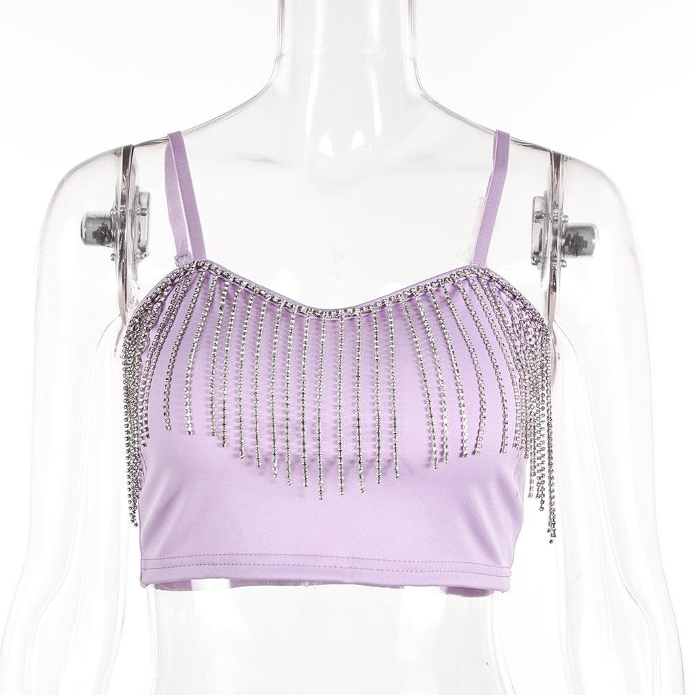 

Женский топ для ночного клуба с кисточками и стразами, без бретелек, с цепочкой и подтяжками, сексуальный, универсальный XL фиолетовый