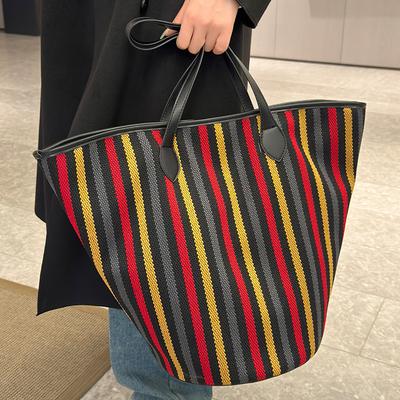 Canvas Bag Women's High End  Large Capacity  Versatile Niche Stripes  Handbag  Shoulder Bags