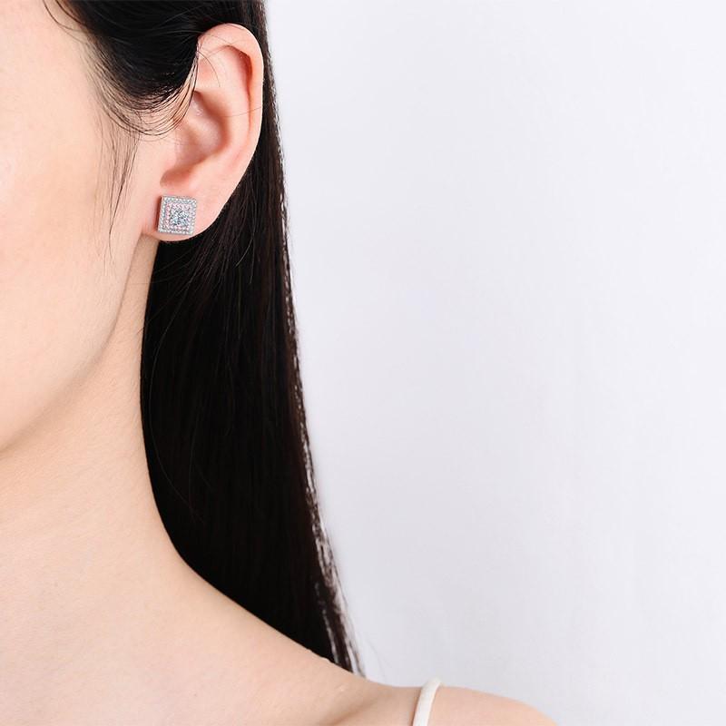 Geometric Square Zircon Stud Earrings Women Sterling Rose Gold Plated 4.5mm 1.2ct Total