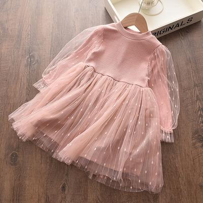 Autumn New Girls' Long-sleeved Dress Girls' Stylize Sequin Puff-sleeved Knitted Veil Skirt Children's Skirt