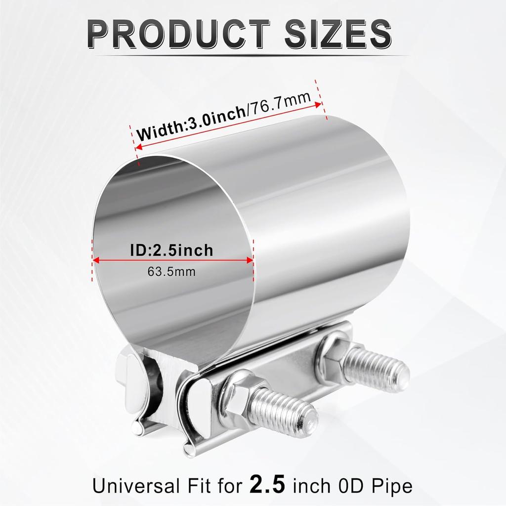 GaRhomxy 2.5 "Exhaust Clamp 304 Stainless Steel Heavy-Duty Lap Joint Band Clamp, Used for Mufflers, Catalytic Converters, Exhaust Pipes (2 Pack)