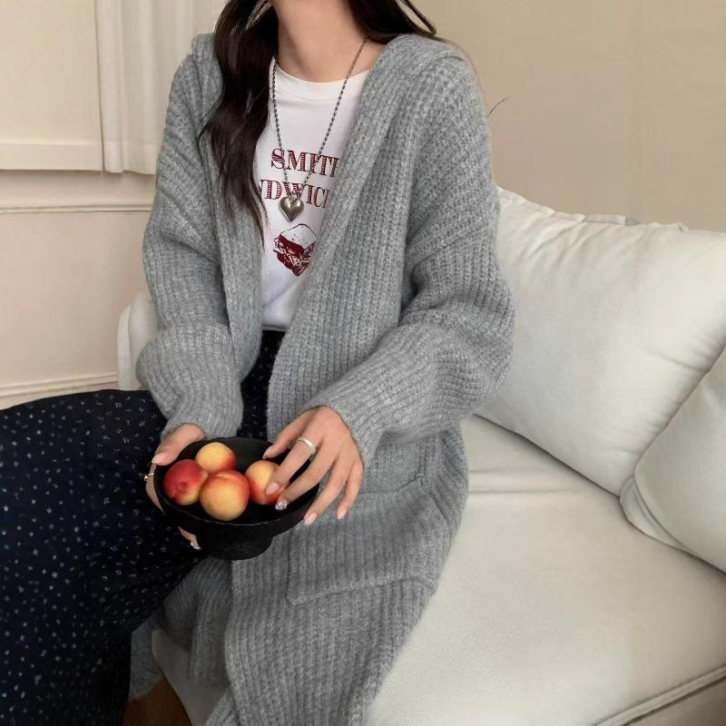Hooded Loose Large Size Thickened Medium and Long Knitted Jacket New Lazy Wind Sweater Cardigan with Women Outside