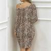 Women Plus Size Asymmetric Off Shoulder Long Sleeve Grey Black Leopard Print Irregular Wrap Bodycon Midi Dress