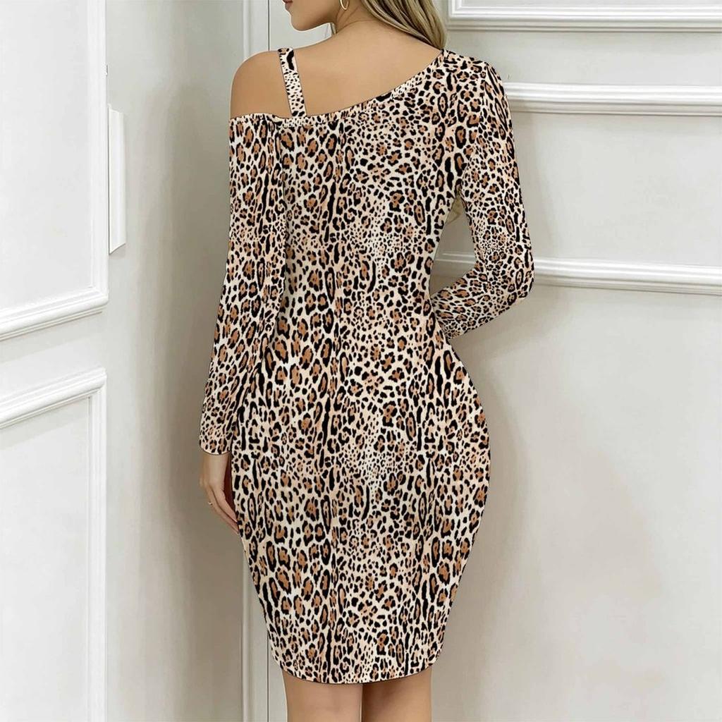 Women Plus Size Asymmetric Off Shoulder Long Sleeve Grey Black Leopard Print Irregular Wrap Bodycon Midi Dress