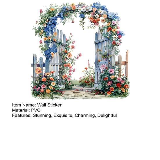 Removable Garden Gate Wall Decal Spring Flowers Peel And Stick Wall Art Waterproof Self Adhesive Mural Decal for Bedroom Office Bathroom