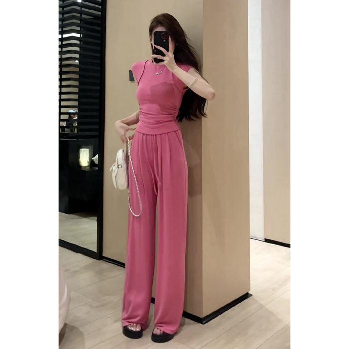 

Summer Outfit, Fashionable Waist-cinching Top, Wide-leg Pants, Casual Sports Two-piece Summer Suit for Women XL рожевий