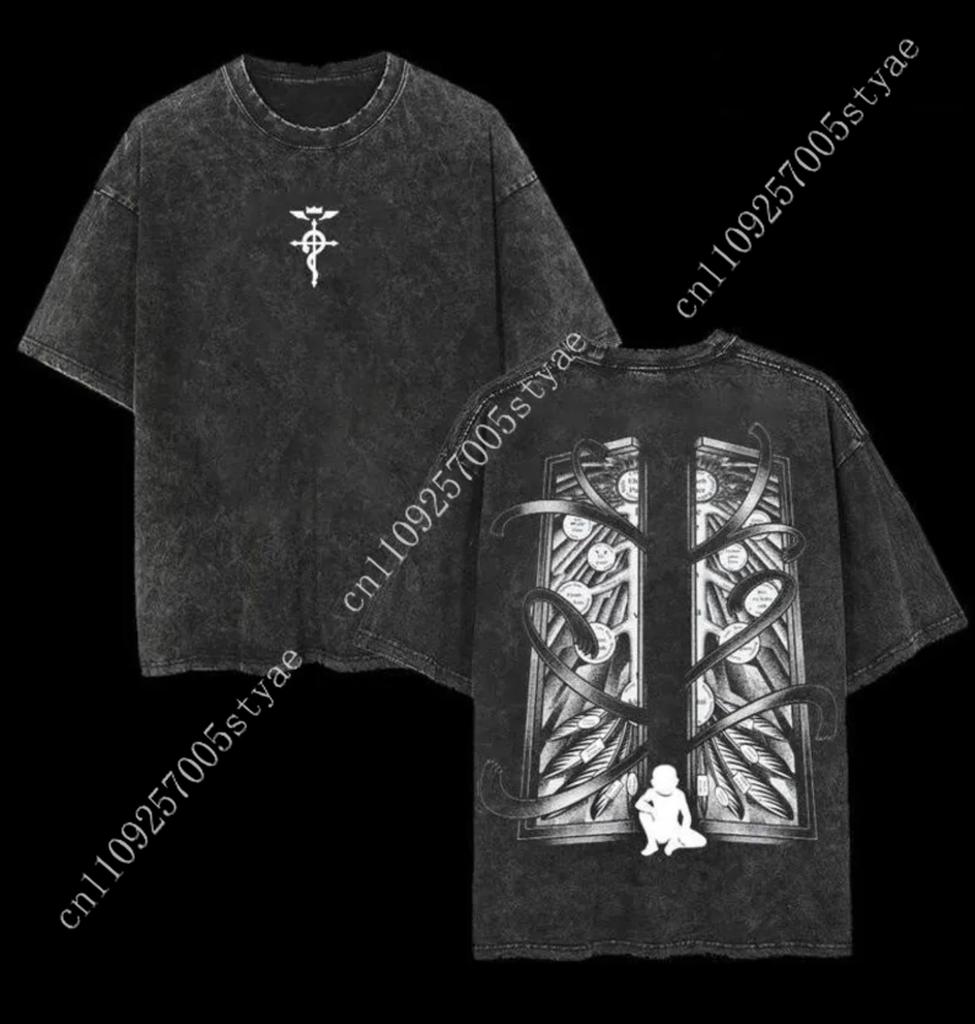 Vintage Washed Alchemist Symbol Tshirt Red And Black Anime Shirt Anime Lover Gift Graphic Print Oversized Washed Trendy Tshirt