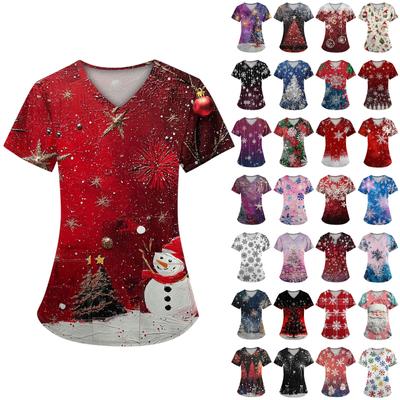 Damski krótki rękaw, świąteczny nadruk, dekolt w serek, kieszeń, mundurek