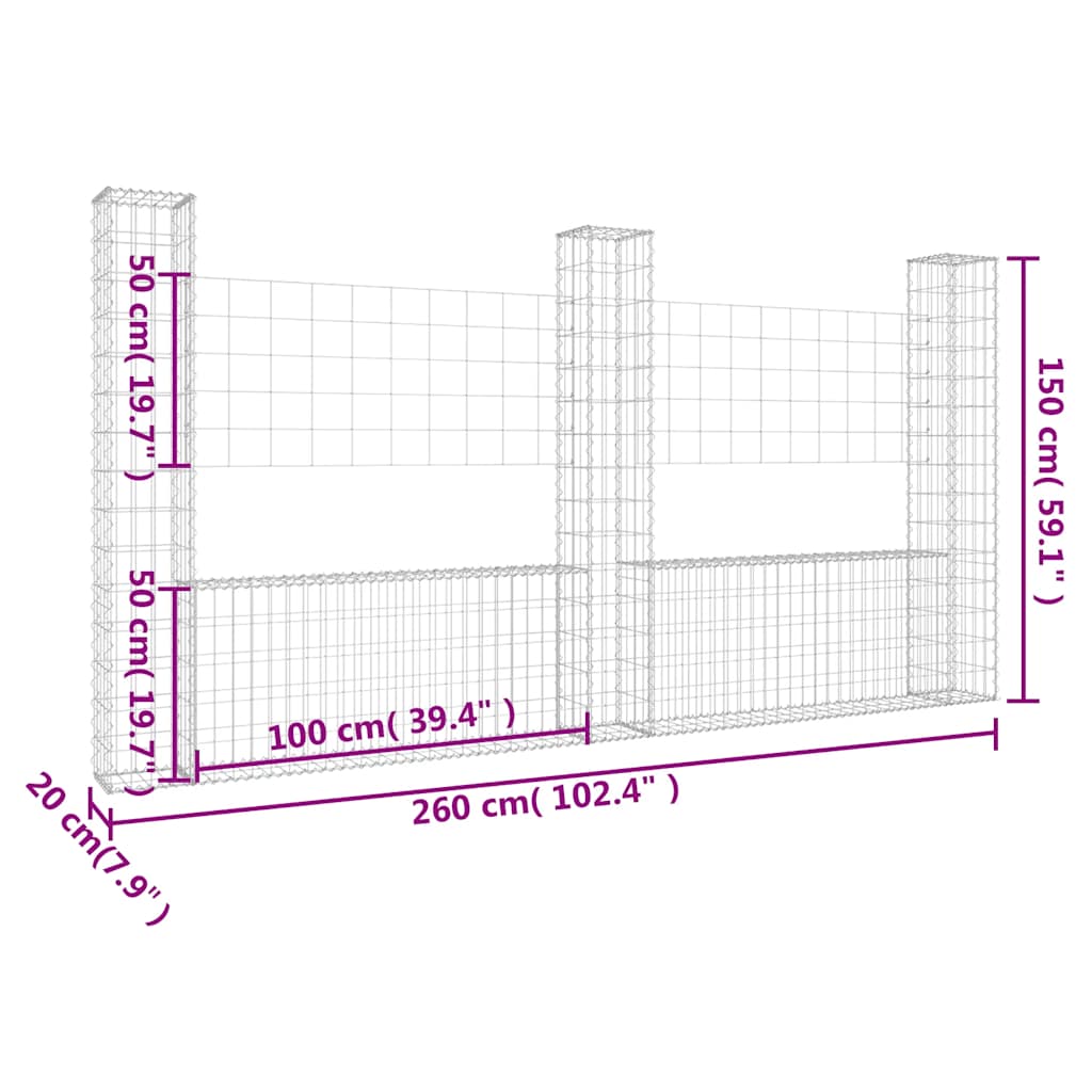 U Shaped Gabion Basket with 3 Posts Iron 260 X 20 X 150 Cm