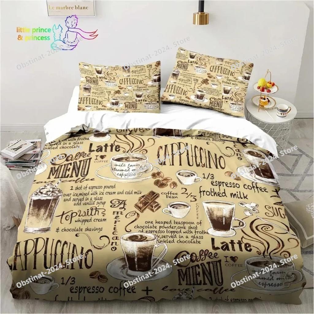 Coffee Pattern Bedding Set Printed Duvet Cover Sheet Pillowcase Bed Soft Quilt Cover Full Queen King Size Adult Kid Bedroom Gift