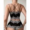 [Floral Lace Bralette Bra Set] Two-Tone Floral Lace Bralette Bra Set, V Neck Skinny Halter Hollow Top & Briefs, Women's Daily Comfort Underwear