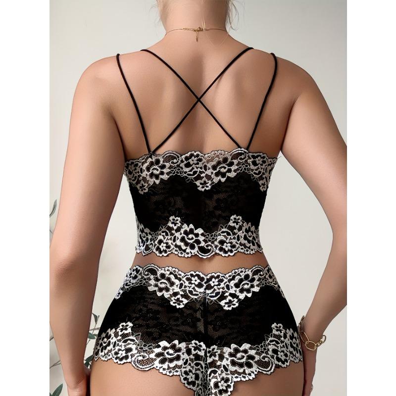 [Floral Lace Bralette Bra Set] Two-Tone Floral Lace Bralette Bra Set, V Neck Skinny Halter Hollow Top & Briefs, Women's Daily Comfort Underwear