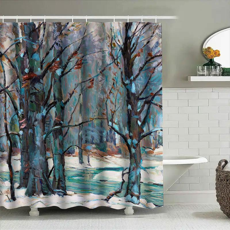 Artistic Bath Curtain Winter Trees Snow Stream Print Decor Shower Liner For Bathroom Home Decoration In Blue Green White Color W
